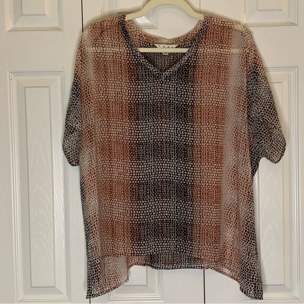 CAbi Short Sleeve Brown, Cream, Red Abstract Oversized Blouse